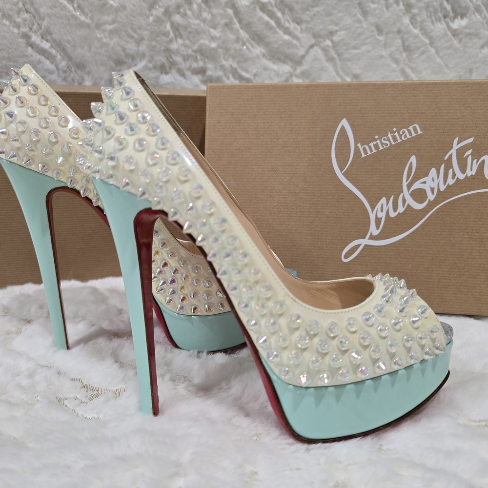 Christian Louboutin Cream and Mint Studded Heels Size36 US6